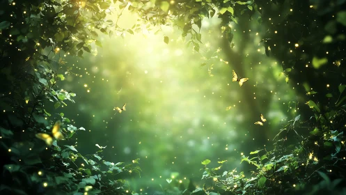 Forest canopy with luminescent particles and scattered butterflies