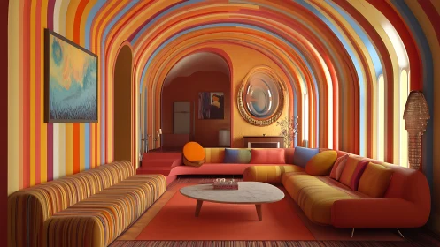 Colorful retro lounge with arched striped interior design.