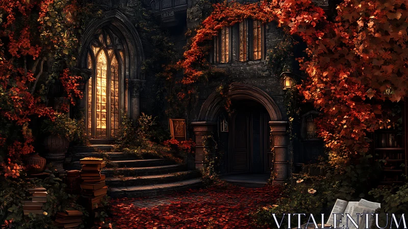 Autumn leaves quietly guard the lantern lit library door