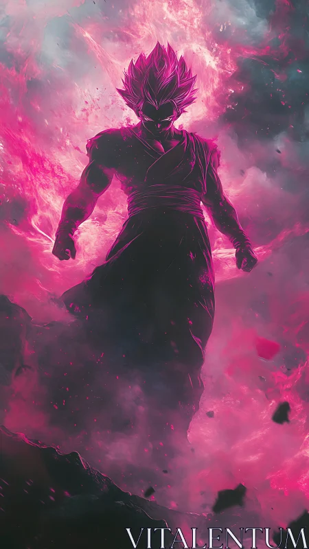 Silhouetted energy warrior in pink and dark storm field.