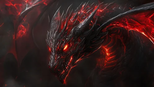 Ferocious black dragon with glowing red lava accents