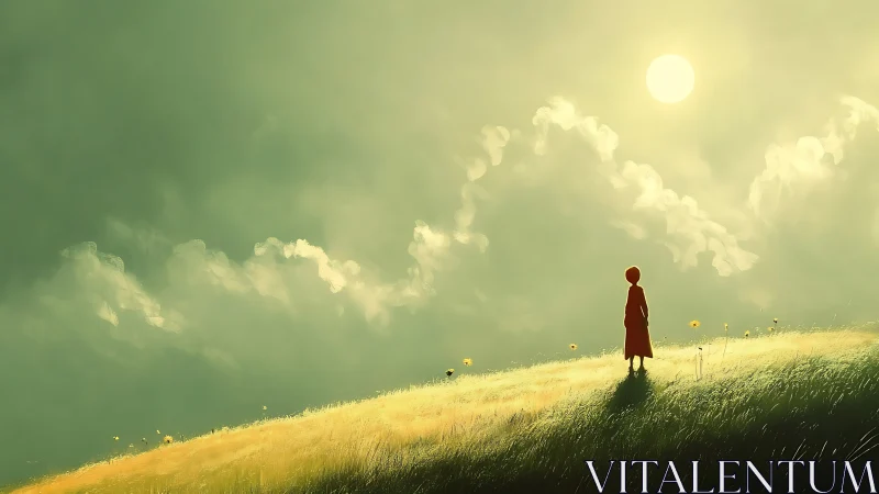 Solitary figure studies sunlit hillside under diffuse sky glow