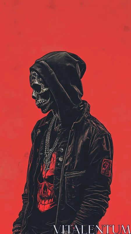 Hooded skull figure stands in bold red street-art void