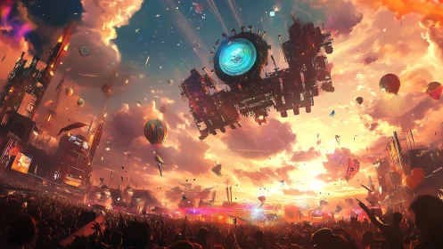 Massive hovering array dominates neon-lit festival megastructure