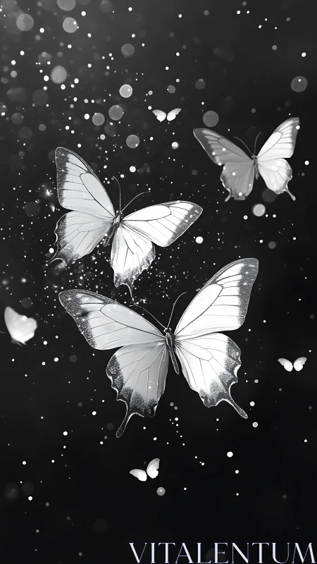 Monochrome butterflies drifting through luminous bokeh night.