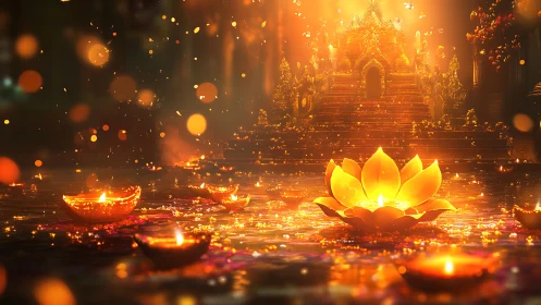 Golden lotus lanterns glow before ornate temple altar