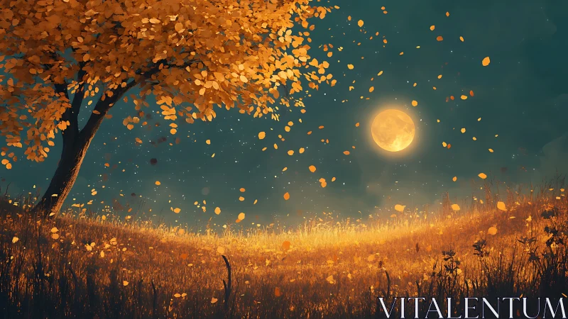 Luminous autumn hillside under lunar backlight and leaf drift.