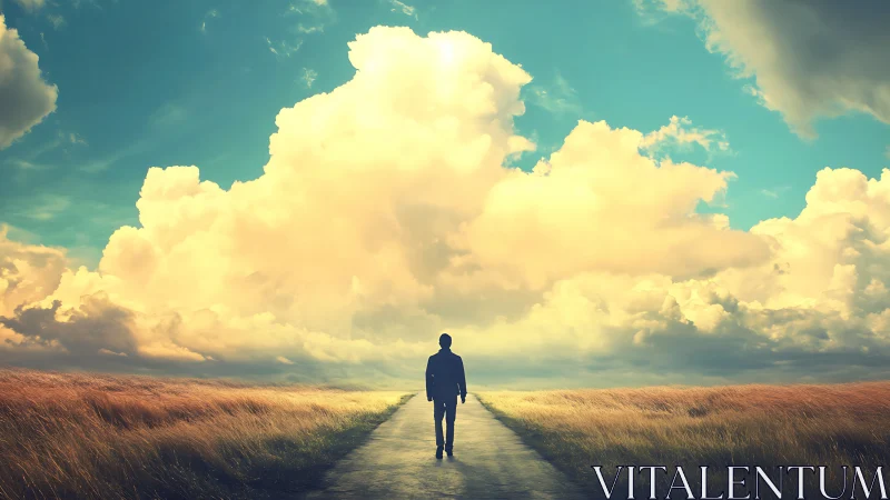 Solitary figure walking toward luminous cumulonimbus horizon