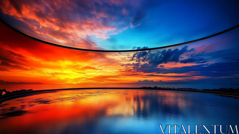 Panoramic hyperreal sunset framed by curved horizon bands