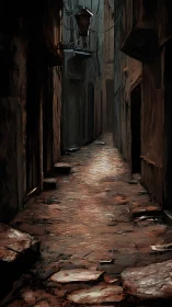 Rust-red cobblestones whisper down a forgotten city vein