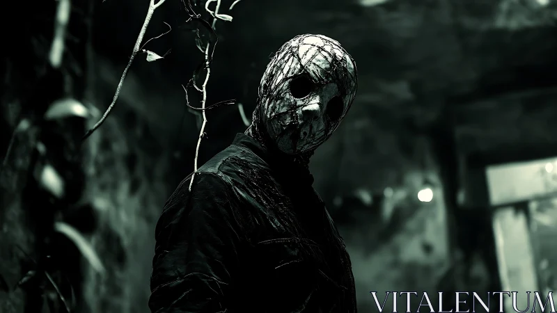 Masked figure in decayed corridor under cinematic low key light.