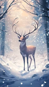 Snowlit stag holding quiet court in a soft winter hush.