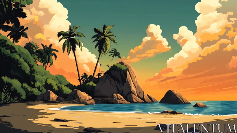 Tropical Coastal Landscape with Dramatic Sunset Illumination and Silhouetted Rock Formations