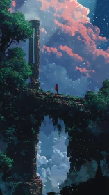 Solitary dreamer on a sky-bridge of forgotten ruins.