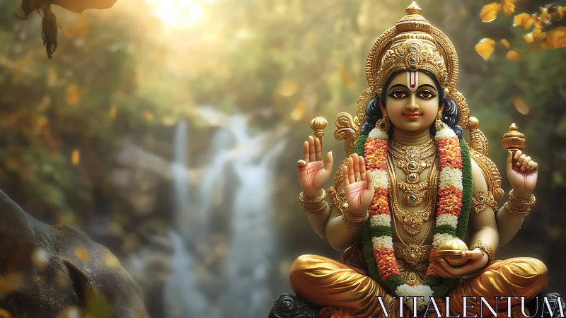 Radiant deity statue resting peacefully by forest waterfall.