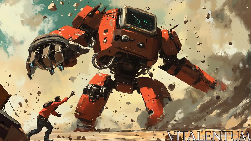 Large red bipedal robot advances toward human in dusty terrain