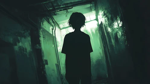 Silhouetted youth in neon green corridor, moody backlighting.
