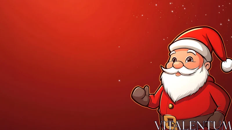 Cartoon Santa character rendered on red gradient starfield background