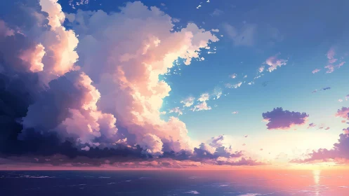 Sunlit cumulonimbus towering over tranquil ocean horizon.