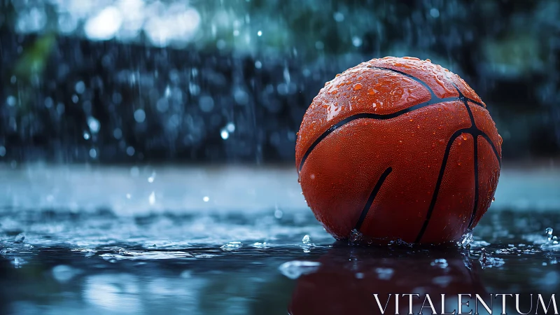 Wet basketball on reflective court under dramatic rainfall.