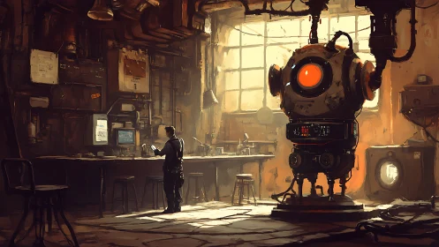 Industrial workshop interior with large suspended robot unit.