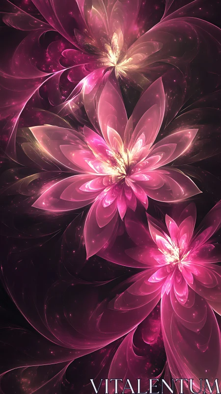 Glowing pink fractal flowers on dark abstract background.