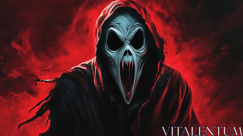 Hooded specter screams within red inferno of swirling smoke.