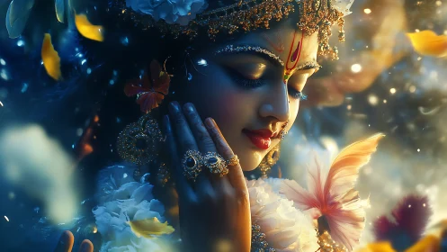 Divine feminine portrait with jeweled adornments in soft bokeh light