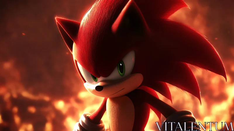 Volumetric-lit red hedgehog render before incendiary backdrop.