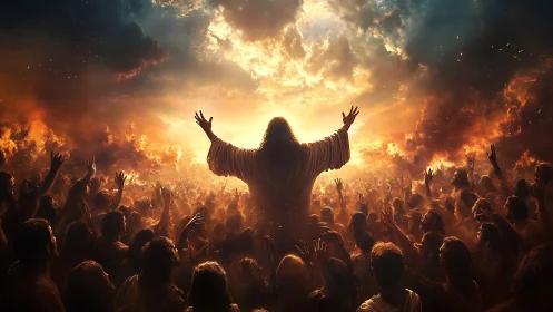 Messianic figure leads radiant crowd beneath fiery sky.