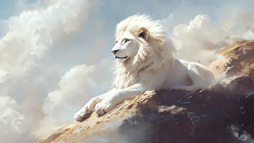 Majestic white lion on sunlit cliffs amid ethereal clouds.