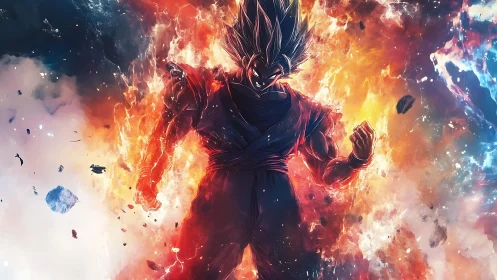 Silhouetted anime fighter amid dual-toned energy field.