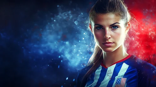 Intense soccer portrait amid cosmic red and blue clouds.