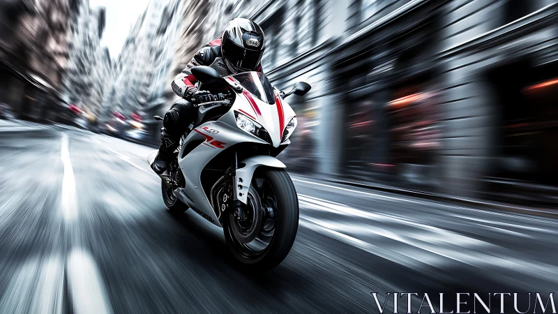 Superbike rider carving motion-blurred urban streetscape.