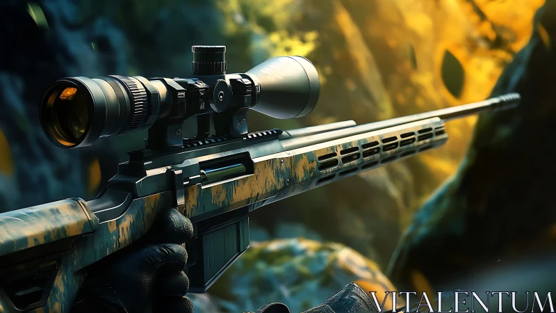 Tactical rifle with mounted optical scope in outdoor environment.
