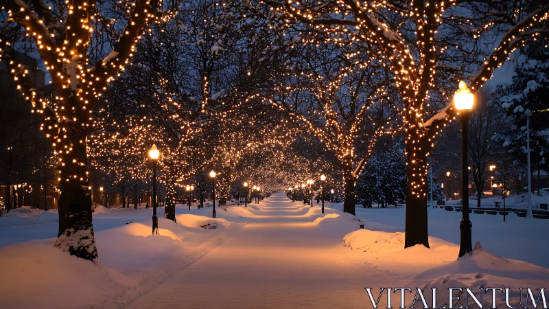 Snow covered walkway lined with trees wrapped in lights.