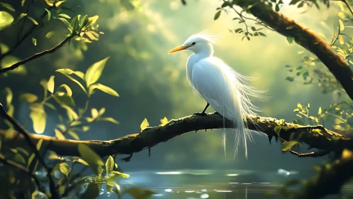Elegant white egret on mossy branch in dreamy sunlight, nature art.