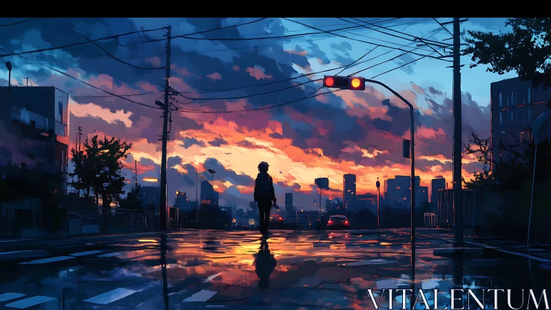 Backlit figure crosses wet urban street under saturated sunset sky
