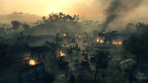 Burning rural village under smoky sunset sky during raid