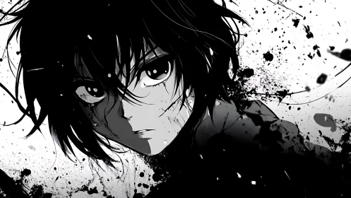 Brooding anime boy emerges from dark ink splatter chaos