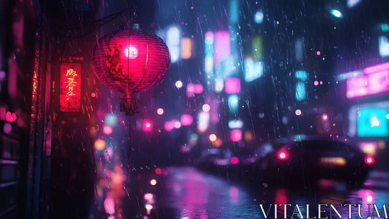 Neon lantern glows over rain soaked cyberpunk city street.