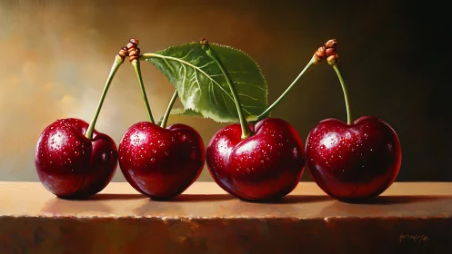 Four glossy cherries rest in a gentle, glowing still life