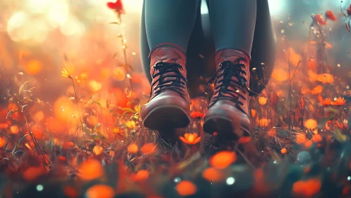 Warm backlit boots rest in shallow focus wildflower field