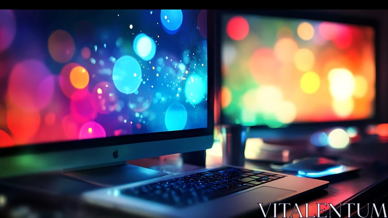 Dual monitors display luminous bokeh interface in dark studio