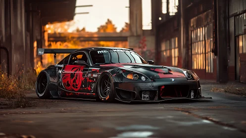 Modified BMW race car in abandoned industrial setting.