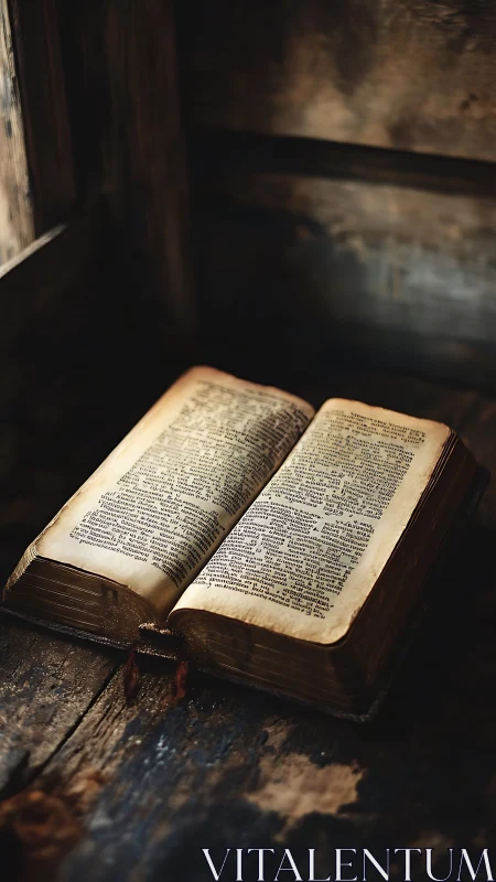 Ancient open book rests in warm light on rustic wooden desk