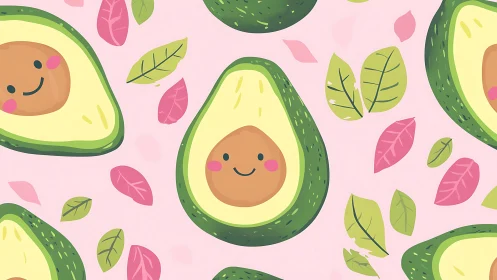 Smiling avocado halves drift playfully through pastel leaves
