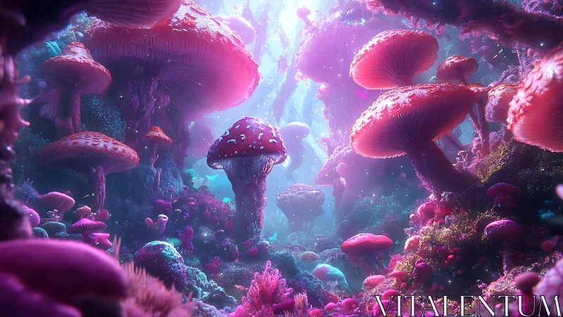 Luminescent mushroom forest dreaming in cotton candy light.