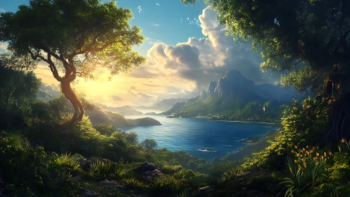 Coastal mountain bay framed by dense foliage at sunrise.