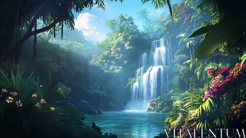 Lush jungle waterfall cascades into a calm blue lagoon